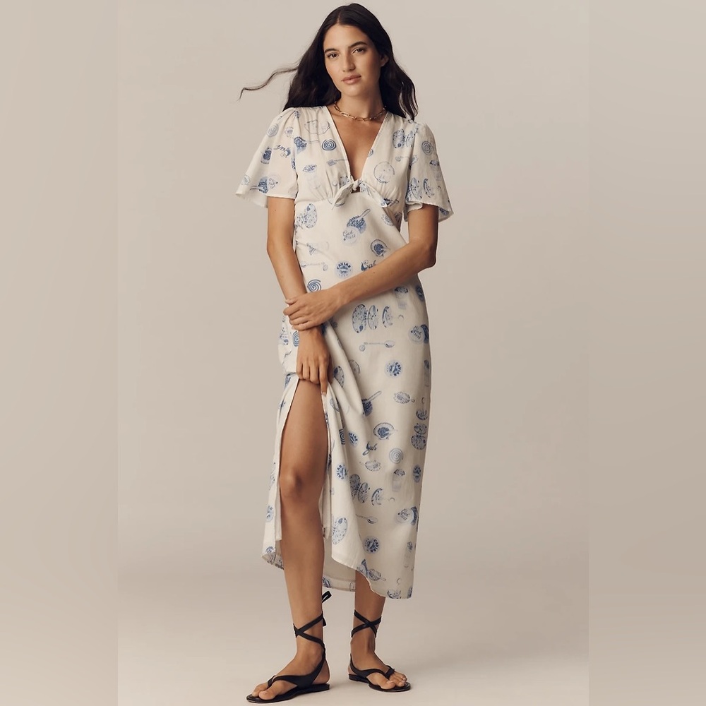 Lisa Says Gah Jess Dress- Caviar Dreams Print Linen-Cotton Flutter-Sleeve Midi